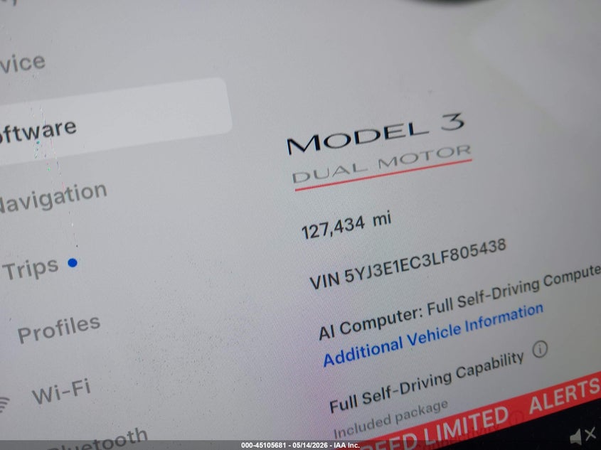 2020 Tesla Model 3 VIN 5YJ3E1EC3LF805438 IAAI salvage auction — FRONT END, Mv-907A (New York), sold $3,050 on 2026-07-09 (photo 7)