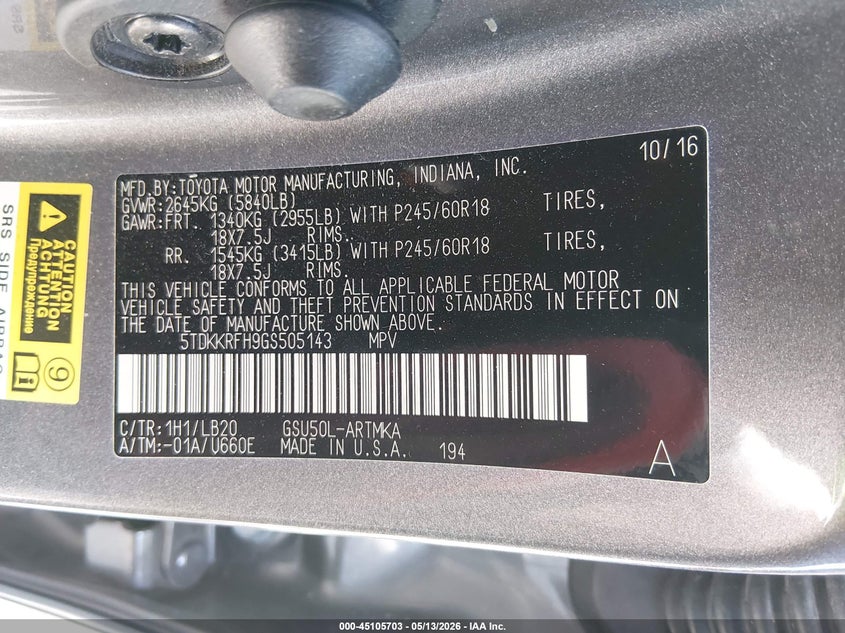 2016 Toyota Highlander VIN 5TDKKRFH9GS505143 IAAI salvage auction — RIGHT FRONT, Salvage (Kentucky), sold $4,475 on 2026-07-06 (photo 9)