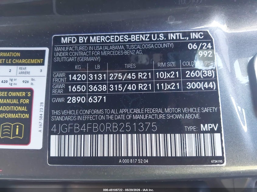 2024 Mercedes-benz Gle VIN 4JGFB4FB0RB251375 IAAI salvage auction — THEFT, Mv-907A (New York), sold $29,650 on 2026-07-20 (photo 9)