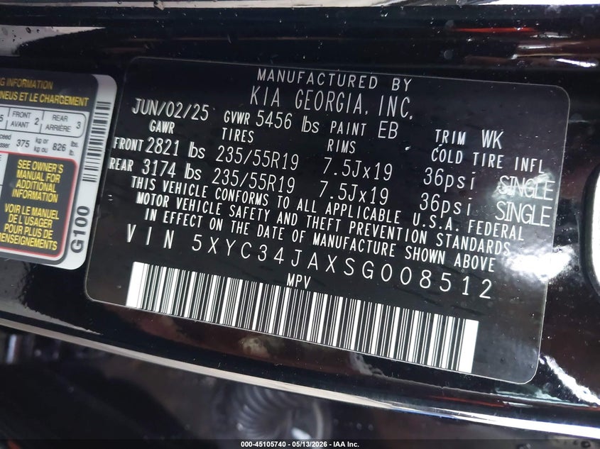 2025 Kia Ev6 VIN 5XYC34JAXSG008512 IAAI salvage auction — FRONT END, Rebuildable (Florida), sold $8,900 on 2026-07-12 (photo 9)