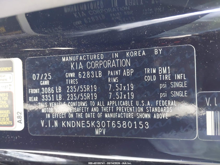 2026 Kia Carnival VIN KNDNE5K30T6580153 IAAI salvage auction — STORM DAMAGE, Original (Texas), sold $15,850 on 2026-08-19 (photo 9)