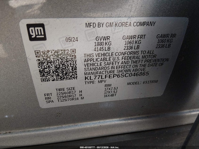2025 Chevrolet Trax VIN KL77LFEP6SC046865 IAAI salvage auction — FRONT END, Original (Texas), sold $3,350 on 2026-07-09 (photo 9)