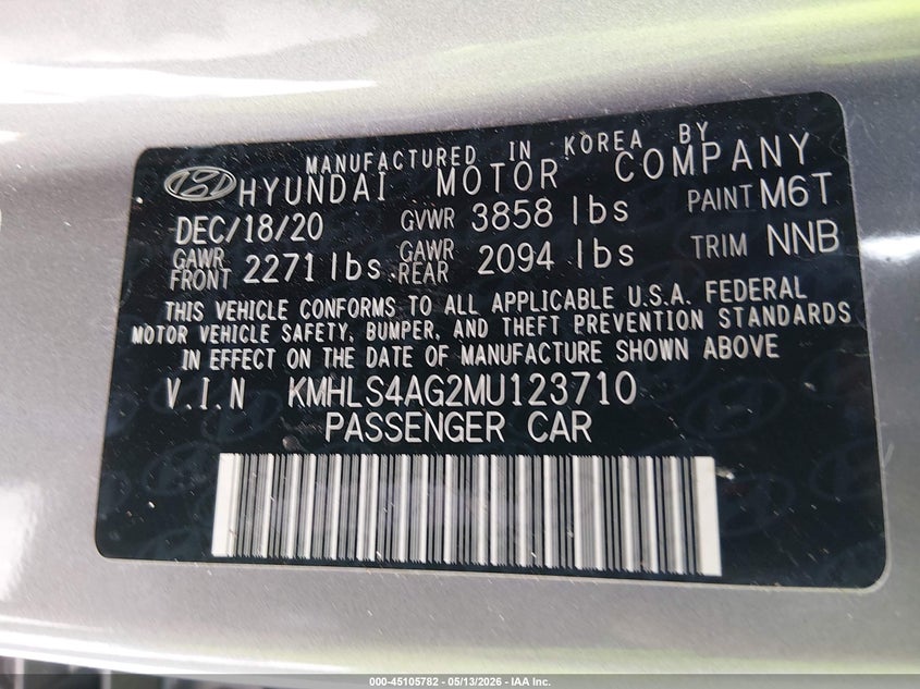 2021 Hyundai Elantra VIN KMHLS4AG2MU123710 IAAI salvage auction — REAR END, Salvage (South Carolina), sold $4,250 on 2026-07-22 (photo 9)