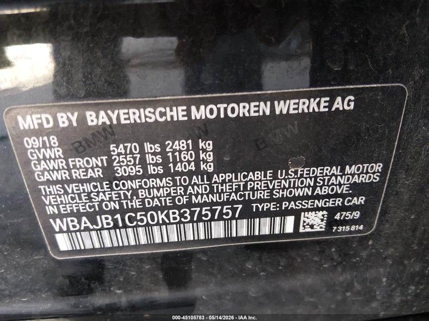2019 BMW 5er VIN WBAJB1C50KB375757 IAAI salvage auction — FRONT END, Salvage Title, sold $4,800 on 2026-08-02 (photo 9)