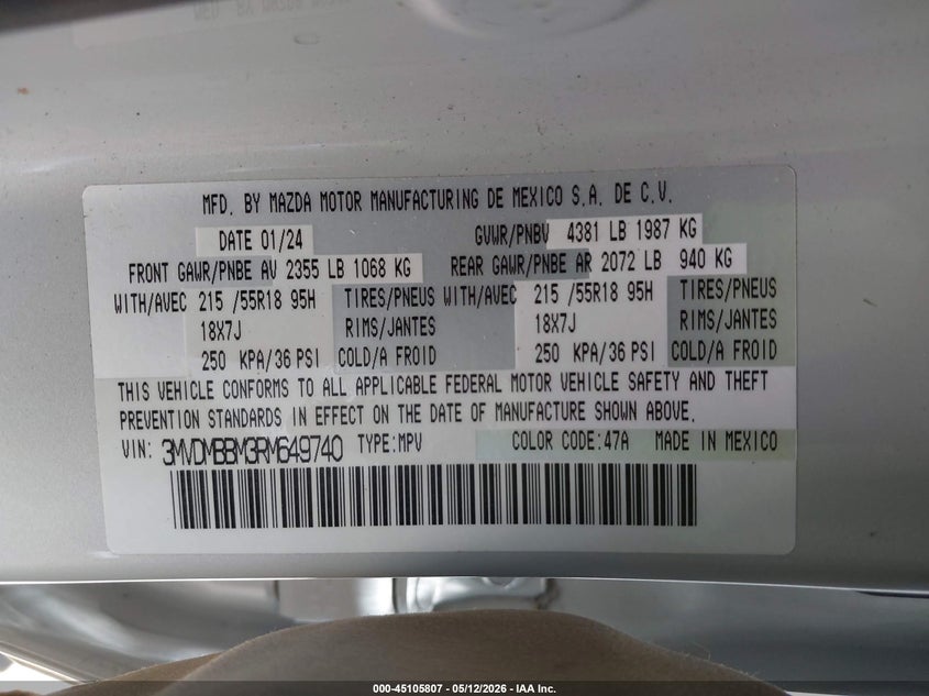 2024 Mazda Cx-30 VIN 3MVDMBBM3RM649740 IAAI salvage auction — FRONT & REAR, Salvage Title, sold $4,700 on 2026-07-09 (photo 9)
