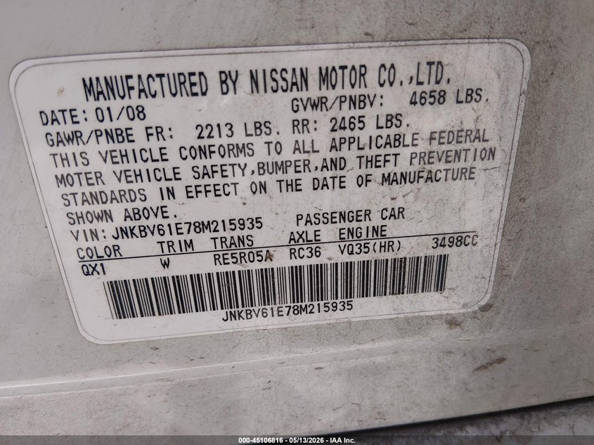 2008 Infiniti G35 VIN JNKBV61E78M215935 IAAI salvage auction — NORMAL WEAR, Original (Texas), sold $400 on 2026-07-20 (photo 9)