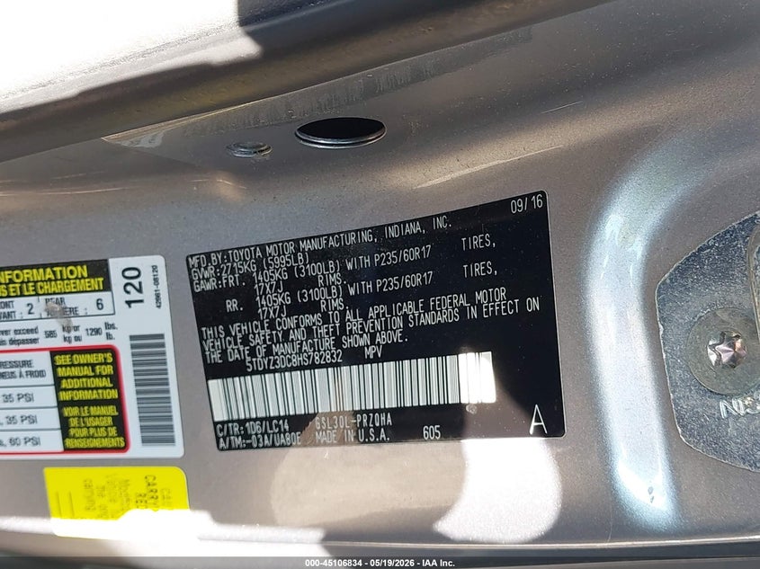 2017 Toyota Sienna VIN 5TDYZ3DC8HS782832 IAAI salvage auction — FRONT END, Mv-907A (New York), sold $1,950 on 2026-07-14 (photo 9)