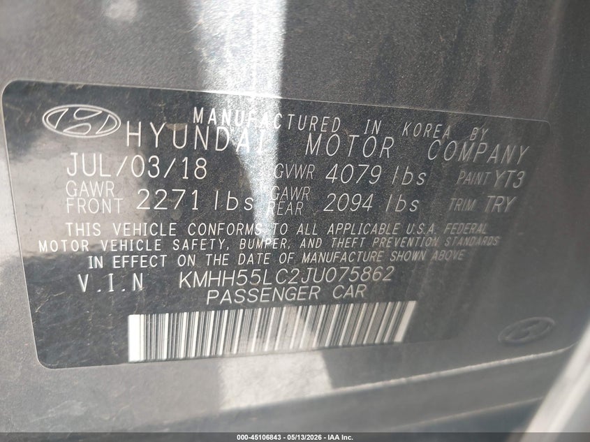 2018 Hyundai Elantra VIN KMHH55LC2JU075862 IAAI salvage auction — FRONT & REAR, Salvage (Texas), sold $1,900 on 2026-07-27 (photo 9)