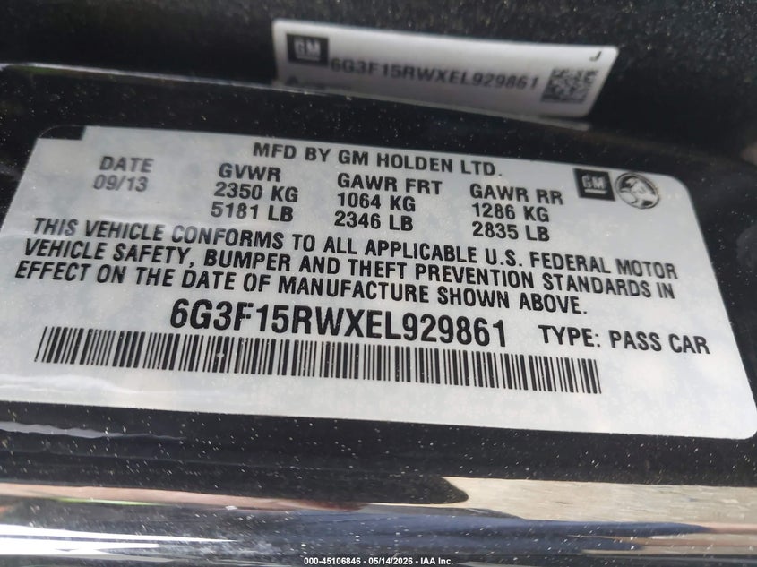 2014 Chevrolet SS VIN 6G3F15RWXEL929861 IAAI salvage auction — Front End, Salvage (Virginia), sold $6,800 on 2026-05-24 (photo 9)