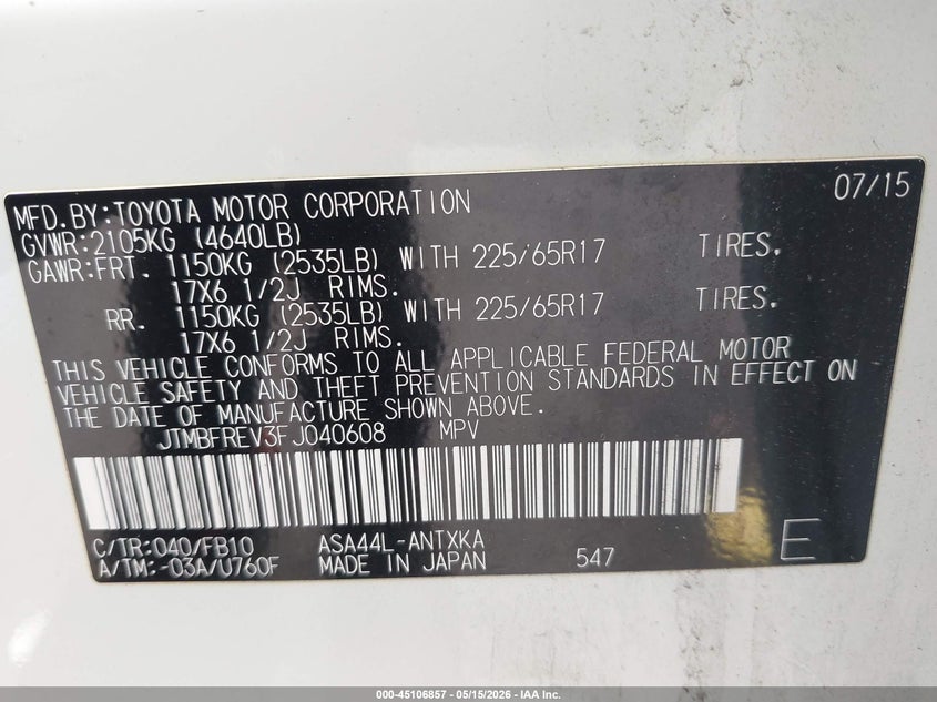 2015 Toyota Rav 4 VIN JTMBFREV3FJ040608 IAAI salvage auction — FRONT END, Salvage (Alabama), sold $4,950 on 2026-08-01 (photo 9)