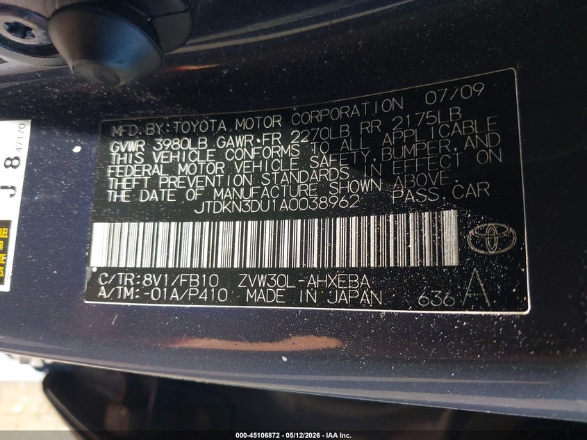 2010 Toyota Prius VIN JTDKN3DU1A0038962 IAAI salvage auction — NORMAL WEAR, Clear (New Jersey), sold $950 on 2026-07-07 (photo 9)