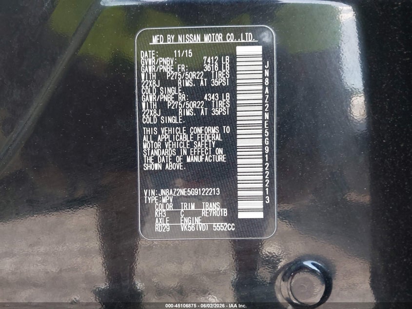 2016 Infiniti Qx80 VIN JN8AZ2NE5G9122213 IAAI salvage auction — EXTERIOR BURN, Clear (Tennessee), sold $2,800 on 2026-07-09 (photo 9)