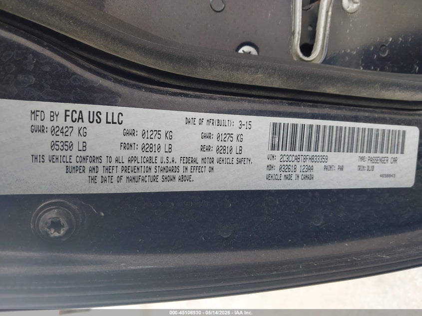 2015 Chrysler 300 VIN 2C3CCABT8FH833359 IAAI salvage auction — REAR END, Certificate Of Title (Nebraska), sold $4,050 on 2026-08-01 (photo 9)