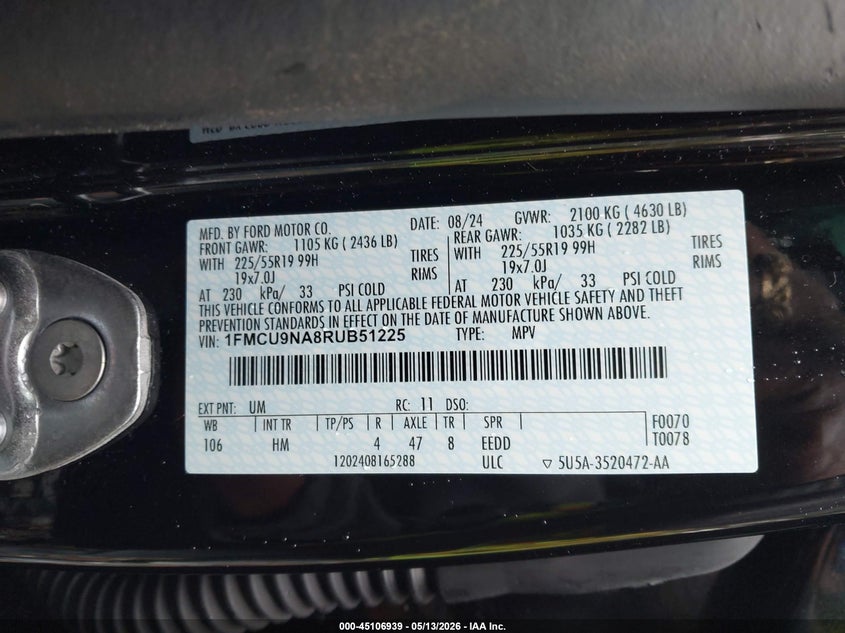 2024 Ford Escape VIN 1FMCU9NA8RUB51225 IAAI salvage auction — LEFT FRONT, Salvage (Massachusetts), sold $7,750 on 2026-07-28 (photo 9)