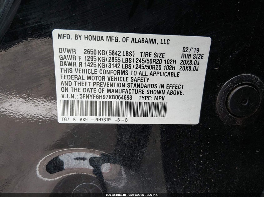 2019 Honda Pilot VIN 5FNYF6H97KB064693 IAAI salvage auction — REAR END, Salvage (Tennessee), sold $9,200 on 2026-09-01 (photo 9)