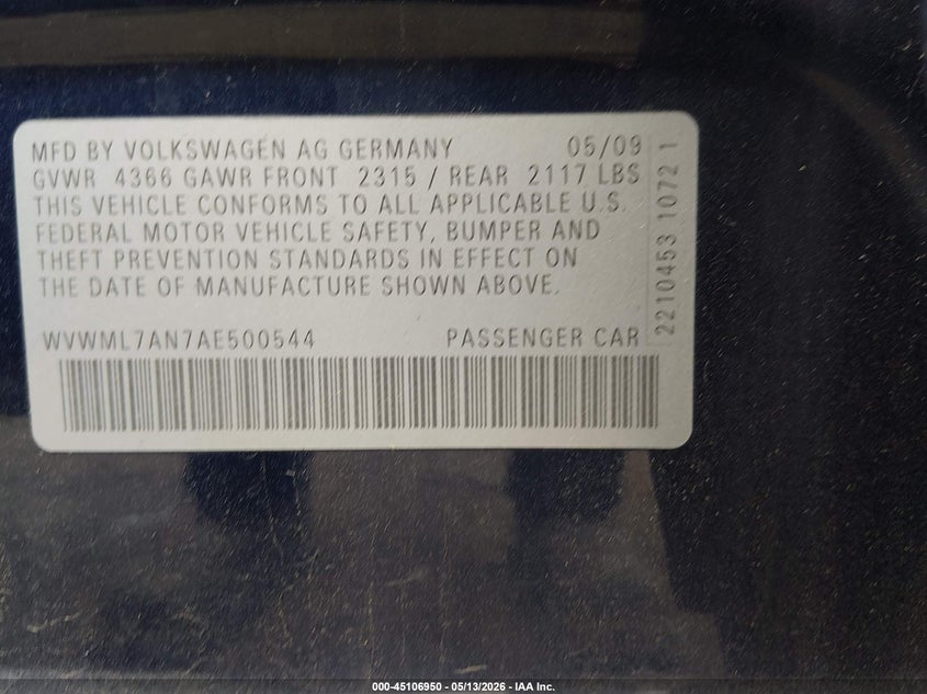 2010 Volkswagen Cc VIN WVWML7AN7AE500544 IAAI salvage auction — RIGHT SIDE, Salvage (Ohio), sold $625 on 2026-07-23 (photo 7)