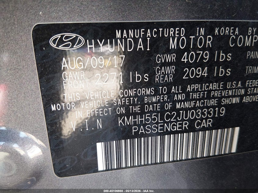2018 Hyundai Elantra VIN KMHH55LC2JU033319 IAAI salvage auction — FRONT END, Clear (Oklahoma), sold $2,950 on 2026-07-07 (photo 9)