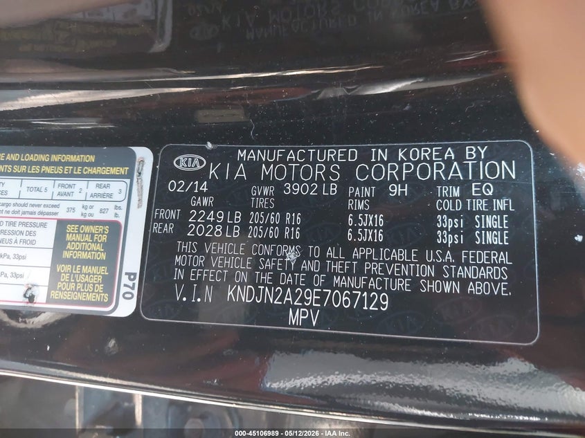 2014 Kia Soul VIN KNDJN2A29E7067129 IAAI salvage auction — NORMAL WEAR, Clear (Virginia), sold $350 on 2026-07-07 (photo 9)