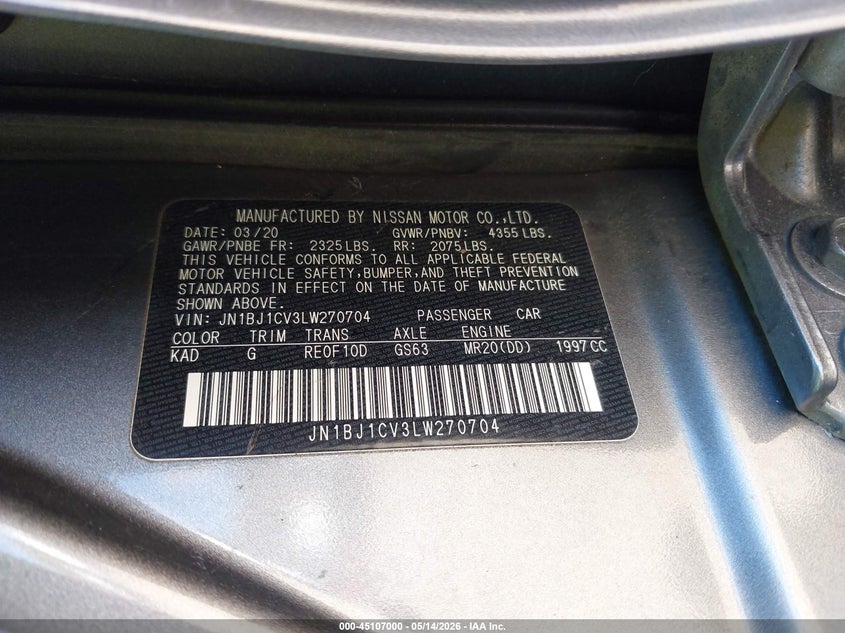 2020 Nissan Rogue VIN JN1BJ1CV3LW270704 IAAI salvage auction — FRONT END, Regular (South Dakota), sold $775 on 2026-07-21 (photo 9)