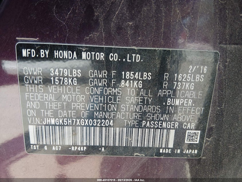2016 Honda Fit VIN JHMGK5H7XGX032204 IAAI salvage auction — FRONT & REAR, Salvage (Texas), sold $725 on 2026-07-28 (photo 9)