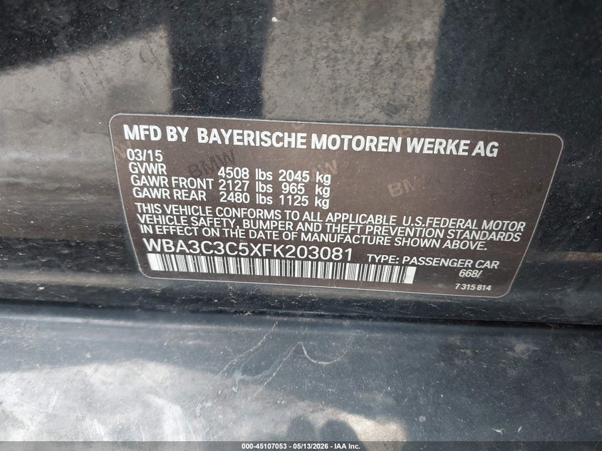 2015 BMW VIN WBA3C3C5XFK203081 IAAI salvage auction — FRONT & REAR, Junk Bill Of Sale Mv2459 (Wisconsin), sold $300 on 2026-07-14 (photo 9)