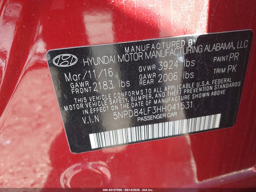 2017 Hyundai Elantra VIN 5NPD84LF3HH041531 IAAI salvage auction — FRONT END, Salvage (Ohio), sold $1,700 on 2026-07-18 (photo 9)