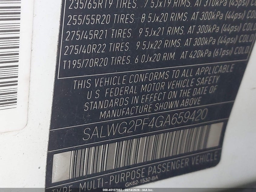 2016 Land rover Range rover sport VIN SALWG2PF4GA659420 IAAI salvage auction — NORMAL WEAR, Clear (Alabama), sold $25 on 2026-07-31 (photo 9)