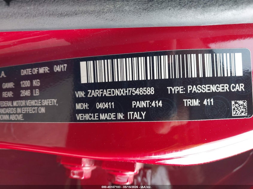 2017 Alfa romeo Giulia VIN ZARFAEDNXH7548588 IAAI salvage auction — RIGHT FRONT, Salvage Title, sold $2,000 on 2026-08-13 (photo 9)