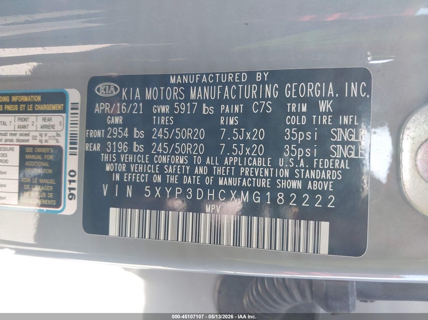 2021 Kia Telluride VIN 5XYP3DHCXMG182222 IAAI salvage auction — ROLLOVER, Salvage (North Carolina), sold $3,350 on 2026-07-17 (photo 9)