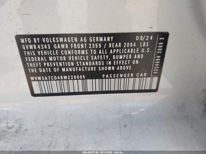 2024 Volkswagen Golf gti VIN WVW3A7CD4RW226005 IAAI salvage auction — RIGHT FRONT, Salvage (Illinois), sold $6,900 on 2026-07-22 (photo 9)