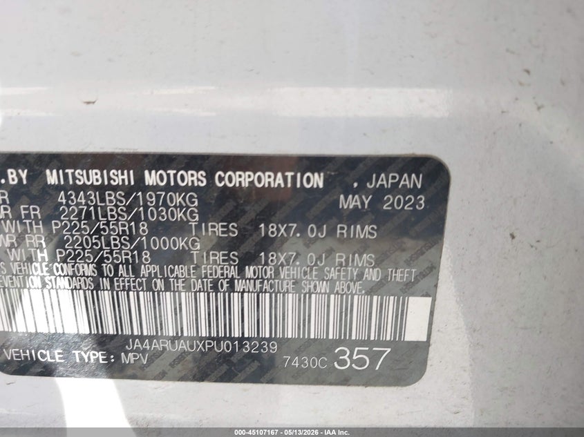 2023 Mitsubishi Outlander VIN JA4ARUAUXPU013239 IAAI salvage auction — FRONT END, Salvage (Texas), sold $5,250 on 2026-07-21 (photo 9)