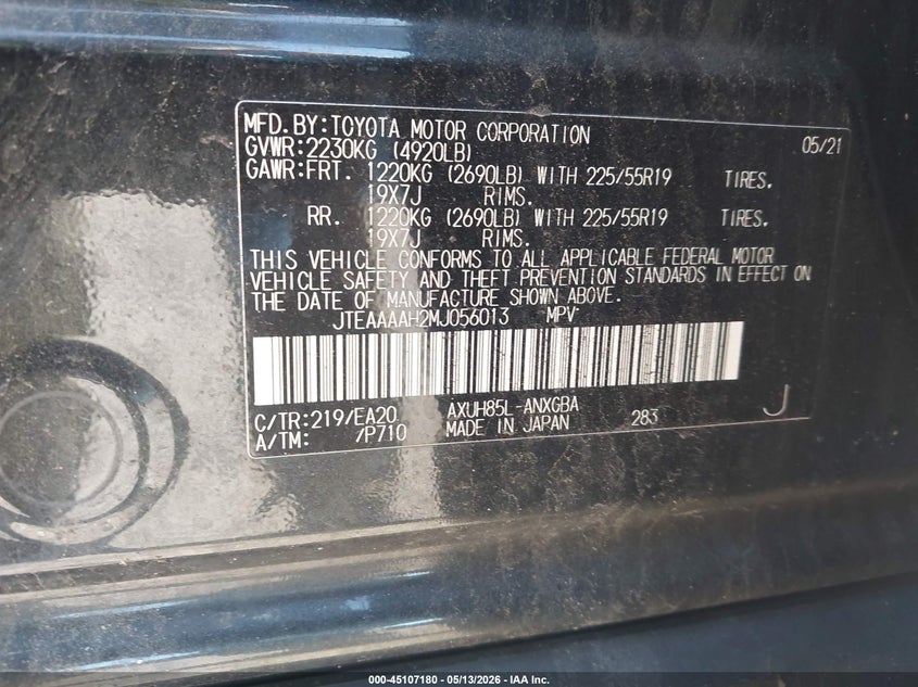 2021 Toyota Venza VIN JTEAAAAH2MJ056013 IAAI salvage auction — FRONT END, Salvage (Idaho), sold $10,100 on 2026-07-14 (photo 9)