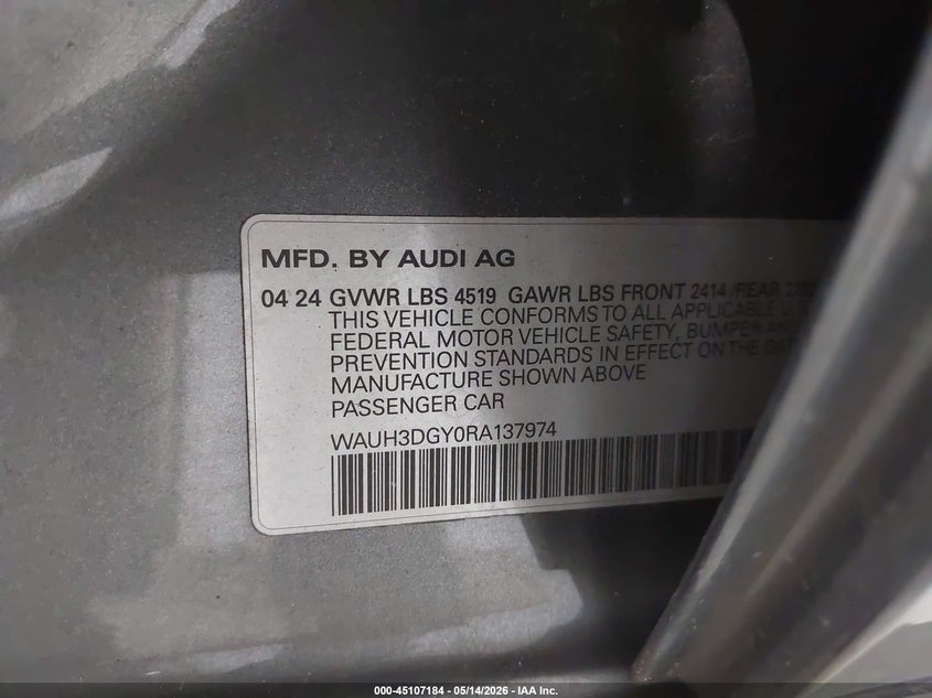 2024 Audi S3 VIN WAUH3DGY0RA137974 IAAI salvage auction — RIGHT SIDE, Mv-907A (New York), sold $6,100 on 2026-07-29 (photo 9)