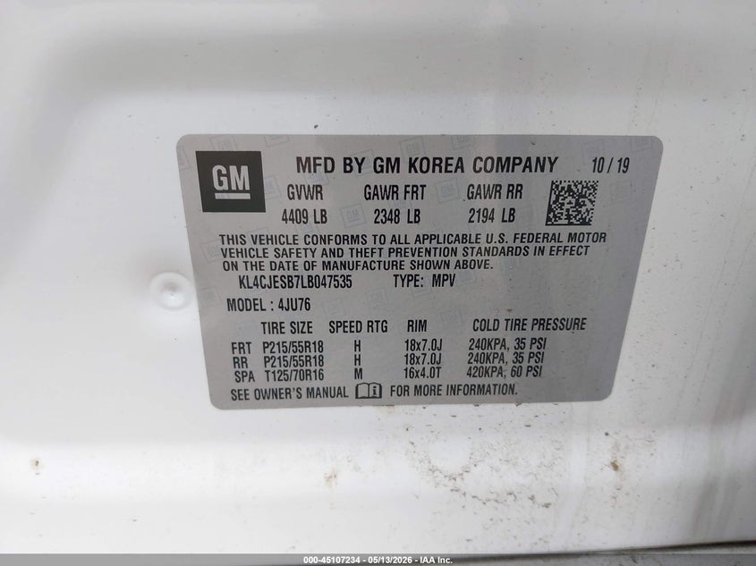 2020 Buick Encore VIN KL4CJESB7LB047535 IAAI salvage auction — FRONT END, Salvage (Idaho), sold $4,775 on 2026-07-08 (photo 9)