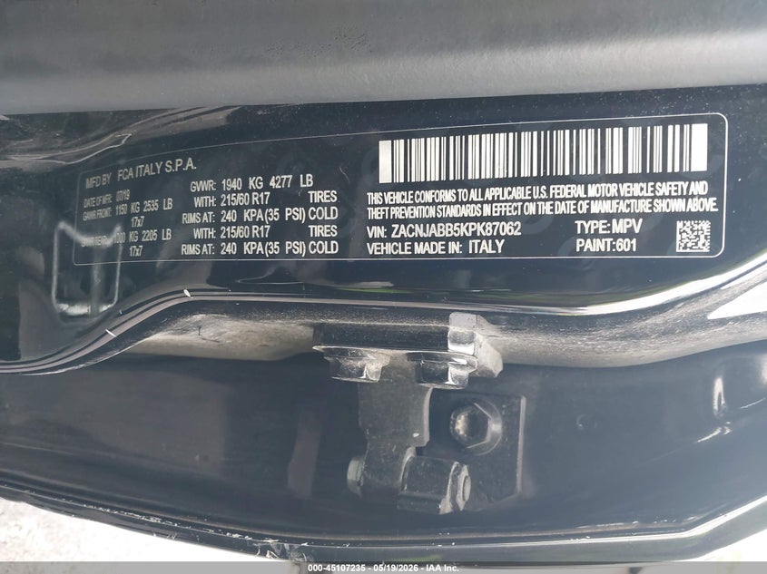 2019 Jeep Renegade VIN ZACNJABB5KPK87062 IAAI salvage auction — LEFT SIDE, Salvage (Illinois), sold $1,050 on 2026-08-11 (photo 9)
