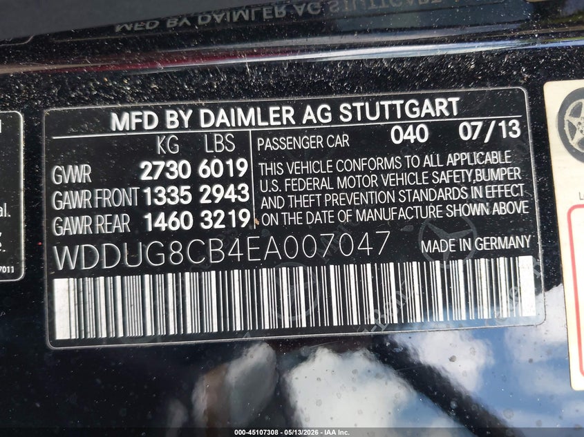 2014 Mercedes-benz S-klasse VIN WDDUG8CB4EA007047 IAAI salvage auction — RIGHT FRONT, Salvage (Georgia), sold $5,500 on 2026-08-09 (photo 9)
