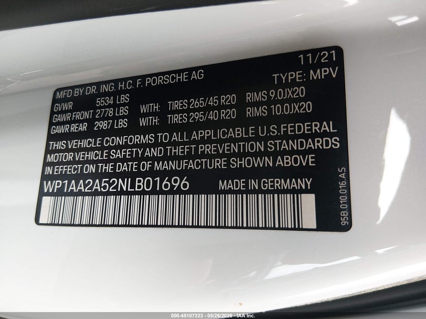 2022 Porsche Macan VIN WP1AA2A52NLB01696 IAAI salvage auction — FRONT END, Wait Title, sold $11,200 on 2026-08-12 (photo 9)