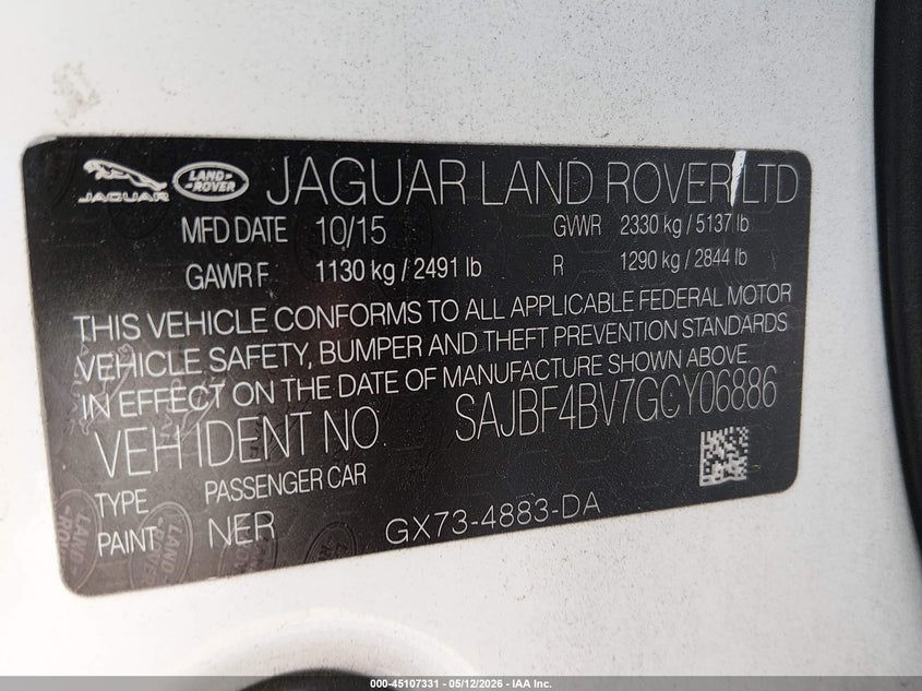 2016 Jaguar Xf VIN SAJBF4BV7GCY06886 IAAI salvage auction — REAR END, Salvage (Georgia), sold $3,350 on 2026-07-10 (photo 9)