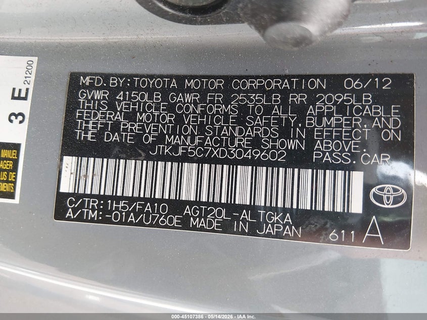 2013 Scion Tc VIN JTKJF5C7XD3049602 IAAI salvage auction — HAIL, Salvage (Kansas), sold $1,325 on 2026-07-31 (photo 9)