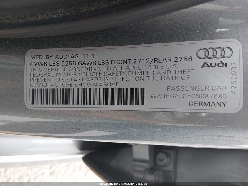 2012 Audi A6 VIN WAUHGAFC5CN087680 IAAI salvage auction — ENGINE BURN, Salvage (Illinois), sold $725 on 2026-07-07 (photo 9)