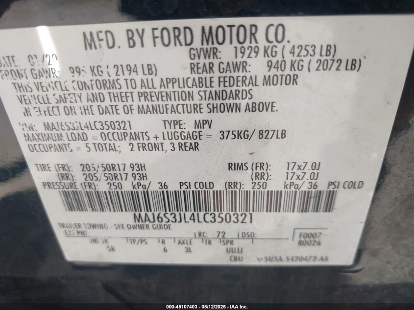 2020 Ford Ecosport VIN MAJ6S3JL4LC350321 IAAI salvage auction — FRONT END, Salvage (Utah), sold $1,775 on 2026-07-16 (photo 9)