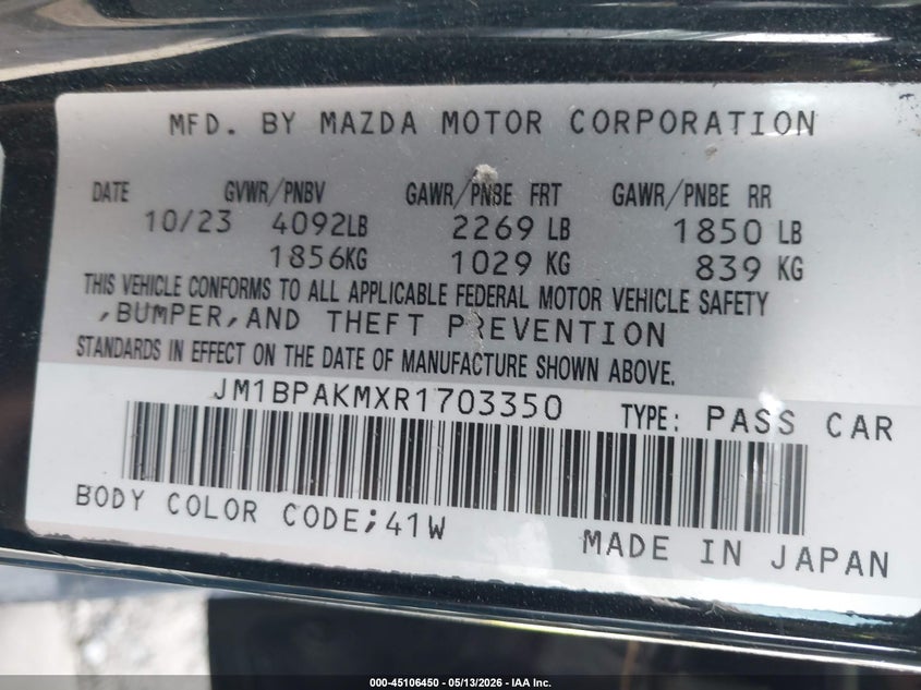 2024 Mazda 3 VIN JM1BPAKMXR1703350 IAAI salvage auction — FRONT END, Salvage - Greater Than 75% (Maryland), sold $375 on 2026-07-20 (photo 9)