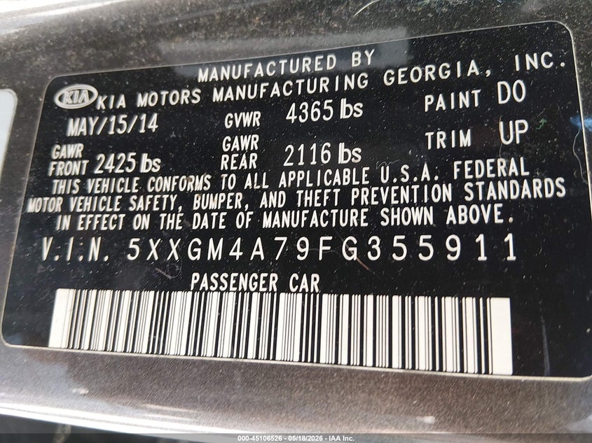 2015 Kia Optima VIN 5XXGM4A79FG355911 IAAI salvage auction — FRONT END, Salvage (Kentucky), sold $475 on 2026-07-22 (photo 9)