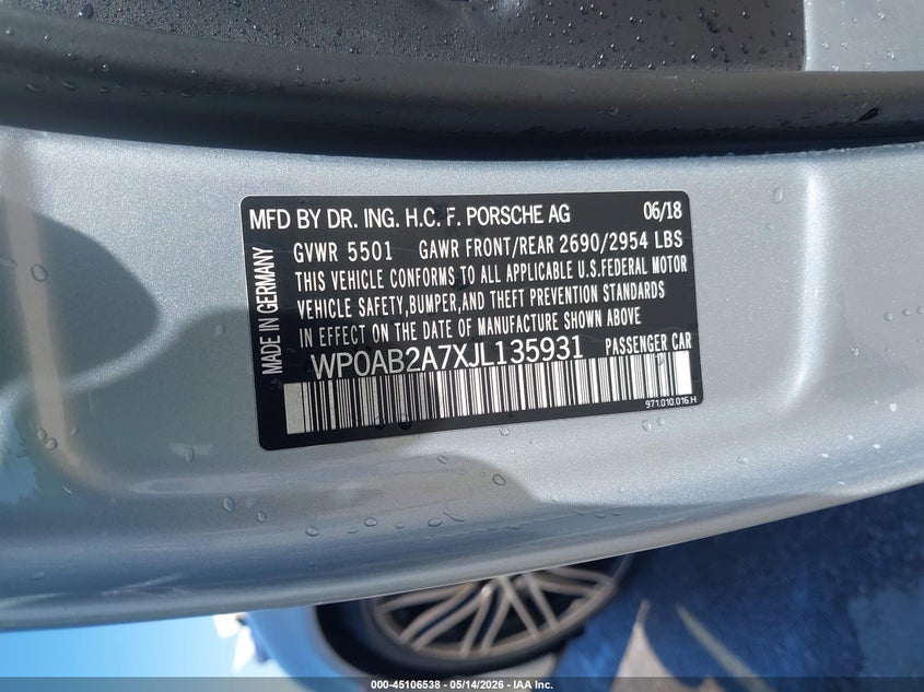2018 Porsche Panamera VIN WP0AB2A7XJL135931 IAAI salvage auction — RIGHT REAR, Salvage (Missouri), sold $17,500 on 2026-07-21 (photo 9)