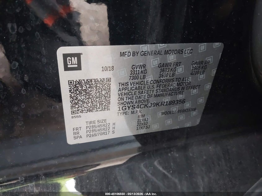 2019 Cadillac Escalade VIN 1GYS4CKJ9KR189356 IAAI salvage auction — FRONT END, Clear (Michigan), sold $13,900 on 2026-07-23 (photo 9)