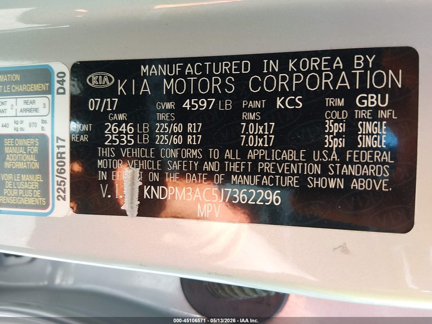 2018 Kia Sportage VIN KNDPM3AC5J7362296 IAAI salvage auction — LEFT SIDE, Salvage (Louisiana), sold $2,900 on 2026-07-08 (photo 9)