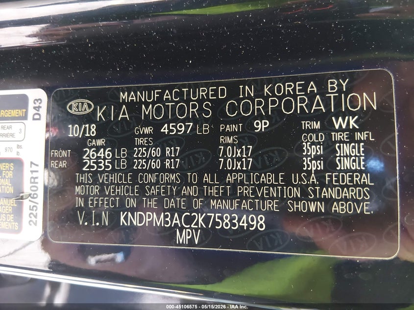 2019 Kia Sportage VIN KNDPM3AC2K7583498 IAAI salvage auction — RIGHT FRONT, Salvage (South Carolina), sold $1,900 on 2026-07-10 (photo 9)
