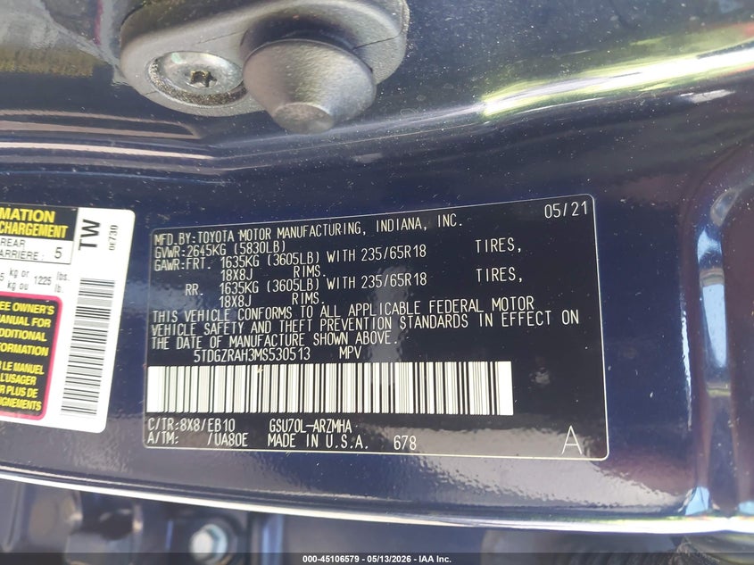 2021 Toyota Highlander VIN 5TDGZRAH3MS530513 IAAI salvage auction — REAR END, Original (Texas), sold $13,300 on 2026-08-02 (photo 9)