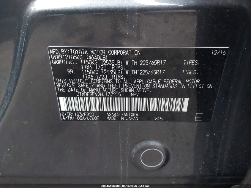 2017 Toyota Rav 4 VIN JTMBFREV2HJ137205 IAAI salvage auction — REAR END, Salvage (Massachusetts), sold $5,200 on 2026-07-17 (photo 9)