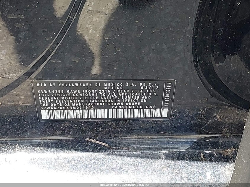 2017 Volkswagen Golf gti VIN 3VW447AUXHM051916 IAAI salvage auction — FRONT & REAR, Rebuildable (Florida), sold $800 on 2026-07-26 (photo 9)